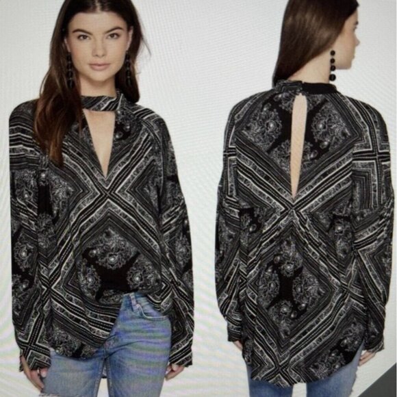 Free People Walking On A Dream Tunic Shirt Black Size Large Boho Long Sleeve - Picture 1 of 13